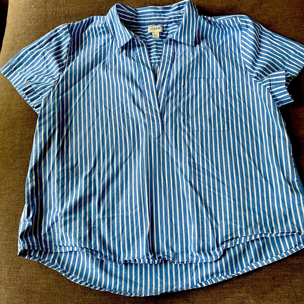 J. Crew Cropped Blue and White Striped Short Sleeve Shirt, women’s large